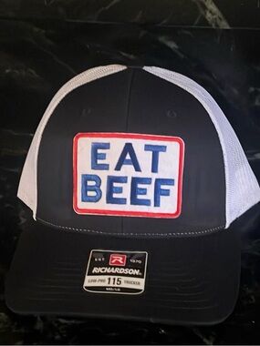 Richardson Trucker Hat - Black & White "EAT BEEF" Patch